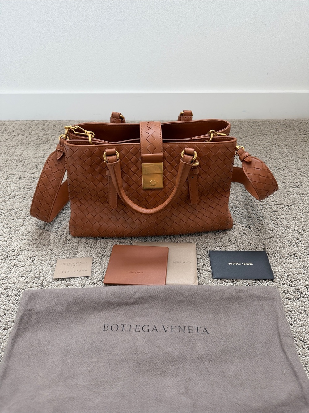Bottega Veneta Tan Intrecciato Leather Satchel with Gold Hardware - Picture 3 of 8